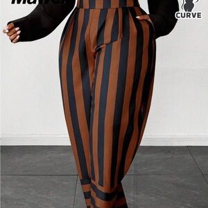 Elegant Striped Black and Brown Wide Leg Pants